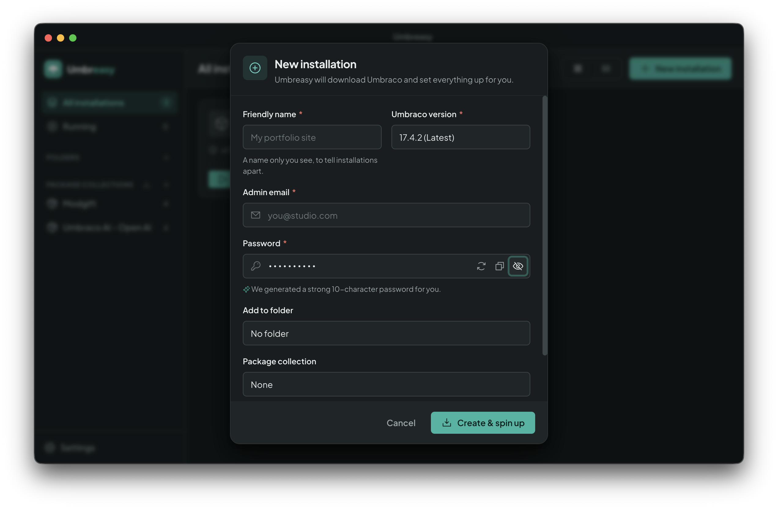 Umbreasy New installation dialog